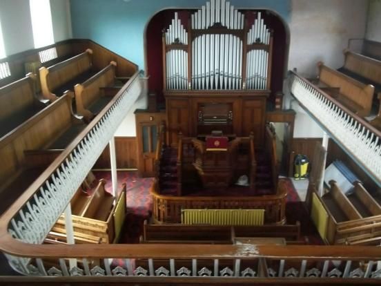 Inside Gurnos Chapel, looking towards the organ and the pulpit